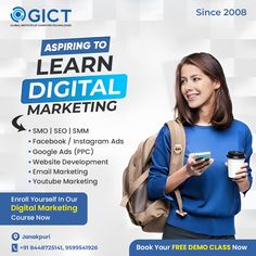 a woman holding a coffee cup and looking at her cell phone while standing in front of an advertisement for digital marketing