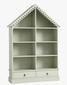 a white bookcase with two drawers and a roof