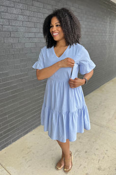 Blue dress for breastfeeding moms Nursing Friendly Knee-length Summer Dresses, Maternity Cotton Dress Nursing Friendly, Casual Nursing Friendly Summer Dresses, Casual Summer Nursing Friendly Dresses, Cotton Nursing Friendly Dresses For Maternity, Nursing-friendly Cotton Maternity Dresses, Summer Nursing Friendly Dress For Daywear, Spring Maternity Cotton Dress, Cotton V-neck Maternity Dress