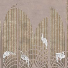 two birds are standing in front of an art deco wallpaper design with gold and silver stripes