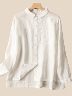 Women's Cotton Linen Shirt Lapel Collar Front Pocket Ladies Linen Vintage Blouse Top Plain Collared Tops For Spring, Plain Collared Blouse For Spring, Relaxed Fit Blouse With Collar, Collar Blouse With Pockets For Daywear, Daywear Top With Placket, White Collared Plain Blouse, Plain Long Sleeve Linen Top, Relaxed Fit Collar Top With Button Closure, Spring Blouse With Casual Collar In Solid Color