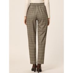 Retro and classic, this pant style with softly plaid fabric and an elastic waist. Plaid Pattern, is stylish and can be paired with blouses, sweaters, jackets, blazers, and overcoats. Perfectly pair with tops and casual shoes for a vintage and fashionable look. A classic plaid motif adds timeless sophistication to long pants with an easy design. Suitable for Casual, Street, Dating, Party, Weekend Gatherings, Holidays, and Daily Wear. Non-stretch Pants With Elastic Waistband For Fall, Fall Workwear Pants With Elastic Cuffs, Elastic Cuffs Workwear Pants For Fall, Elastic Cuffs Work Pants For Fall, Plaid Workwear Pants With Elastic Waistband, Casual Fall Pants For Daywear, Casual Pants For Daywear In Fall, Plaid Pants With Elastic Waistband For Work, Brown Pants With Elastic Waistband For Fall