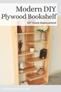 a book shelf with some books on it and the words modern diy plywood bookshelf