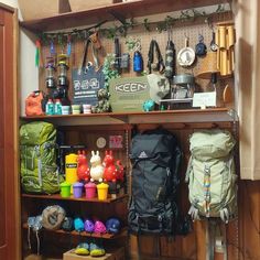 there are many backpacks and bags on the shelves