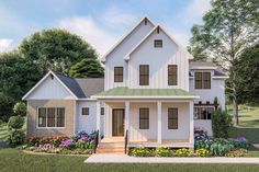 a rendering of a white house with green roof and flowers in the front yard on a sunny day