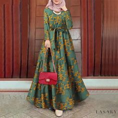 Lasaky - Stunning Wrap Dress Adorned with Floral Embellishments and Solar-inspired Belt Muslim Dress Abaya, Maxi Dress Red, Cheap Dresses Casual, Dress Kaftan, Wrap Around Dress, Muslim Dress, Islamic Clothing, Crewneck Dress, Kaftan Dress