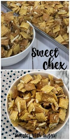 two pictures showing different types of cheetos in bowls and on the same plate