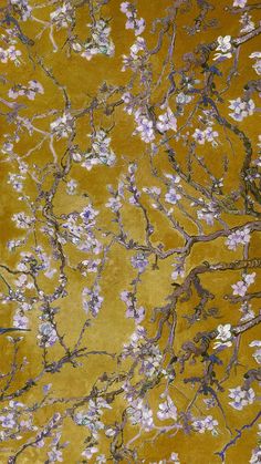 an artistic painting with yellow and purple flowers on the wall, as if it were painted in oil or acrylic paint