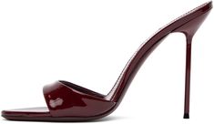 Patent leather slip-on heeled sandals in burgundy. · Open toe · Silver-tone logo stamp at padded footbed · Covered stiletto heel with rubber injection · Leather sole · Heel: H4 in Supplier color: Rouge noir Paris Texas, Logo Stamp, Heeled Sandals, Leather Slip Ons, Stiletto Heel, Luxury Streetwear, Patent Leather, Stiletto Heels, Open Toe