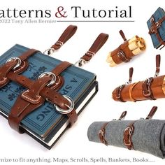 a book with leather straps and buckles is shown in several different ways, including the cover