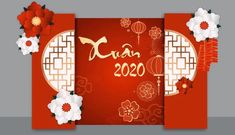 the chinese new year's greeting card with flowers and lanterns on red paper background