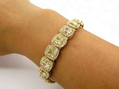 Magnificent 27.28ct Natural Fancy Yellow Radiant Cut Tennis Line Bracelet 18k YG | Treasurly by Dima - Exquisite Diamonds and Fine Quality Antique, Vintage, and Estate Jewelry Yellow Diamond Bracelet, Fancy Yellow Diamond Ring, Fancy Light, Fancy Lights, Yellow Diamond Rings, Fancy Yellow Diamond, Radiant Cut, Yellow Diamond, Micro Pave