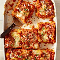 square lasagna casserole with cheese and sauce