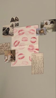 several pictures are hanging on the wall with magnets attached to them and some writing underneath