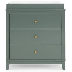 a green dresser with three drawers and two gold knobs on the bottom, against a white background