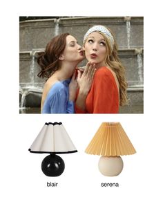 two women kissing each other in front of a lamp and an image of the same lampshade