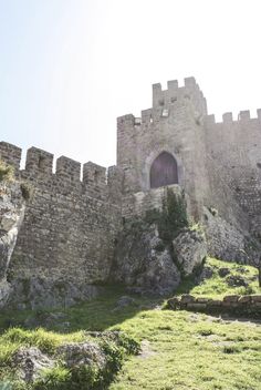 an old stone castle with grass growing on the ground and windows in it's walls