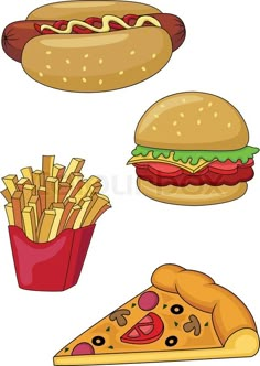 different types of fast food on a white background