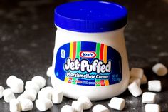 a jar of jello - filled marshmallow creme sitting on a counter