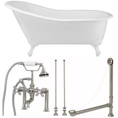 an old fashioned bathtub and shower faucet with hand shower head, handset and hose