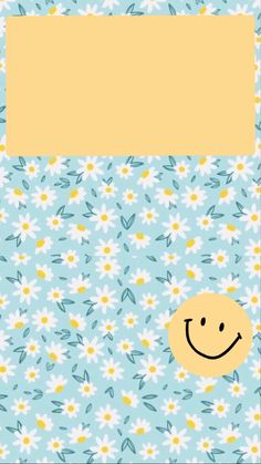 a blue and yellow flowered background with a smiley face in the center, surrounded by daisies