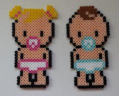 two pieces of perler bead art depicting cartoon characters