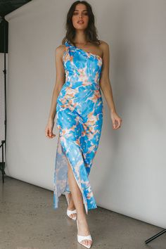 Portland One-Shoulder Maxi Dress Floral Blue by Selfie Leslie Party Maxi Dress With Floral Print And Asymmetrical Neckline, One-shoulder Floral Maxi Dress For Party, Party One-shoulder Maxi Dress With Floral Print, Spring Brunch Maxi Dress With Asymmetrical Neckline, Off-shoulder Summer Maxi Dress For Wedding Guest, Fitted Floral One Shoulder Dress For Brunch, Fitted One Shoulder Floral Dress For Brunch, One Shoulder Floral Print Prom Dress, One-shoulder Floral Print Prom Dress