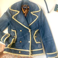 Denim Is Being Reimagined In So Many New And Exciting Ways For Fall .What Better Transition Piece Than This . So Casual And Elegant At The Same Time This Dolce & Gabbana Does Balmain ( Lol) Double Breasted Jacket / Blazer Is Chic And Tailored . There Are A Lot Of Double Breasted Jackets Being Shown On The Runways .Instantly Recognizable D&G Interior Lining .So Rad And Timeless Loads Of Distressed Gold Detail . Sparkly Is In :) Get Your Canadian Tuxedo Ready ;) Nwt From Neiman Marcus . Sz 38 I Sw Denim Blazer Jacket, Dolce Gabbana Jacket, Canadian Tuxedo, Denim Blazer, Double Breasted Jacket, Jacket Blazer, Blazer Suit, Double Breasted, Neiman Marcus