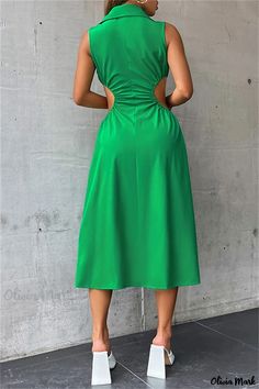 Olivia Mark - Chic Sleeveless Dress with Hollowed Out Detail and Turndown Collar Green Shirt Dress, Turndown Collar, Daily Dress, Green Skirt, Types Of Skirts, Skirt Length, Casual Dresses For Women, Long Skirt, Green Dress