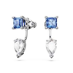 These attractive Mesmera earrings from Swarovski Crystal are a versatile and spellbinding choice. The pierced design is rhodium plated and features a pair of prong-set Swarovski Zirconia in pear and square cuts. Wear them as single blue studs or adjust the height of the detachable pear-cut drop to suit your style. A perfect gift to inject any evening outfit with elegance and color. Measurements: 0.76 inch in length by 0.24 inch in width Weight (Individual Piece): 0.05 ounce Swarovski Crystal Sty Finnish Jewelry, Blue Crystal Earrings, Evening Outfit, Cocktail Accessories, Earring Jackets, White Crystals, Photography Beautiful, Blue Square, Swarovski Jewelry