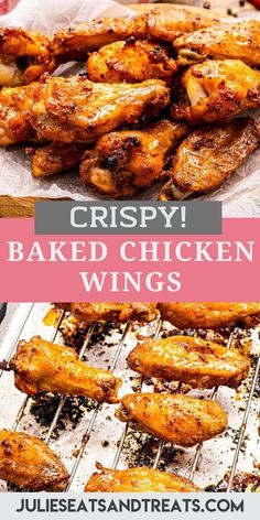 crispy baked chicken wings on a grill with text overlay