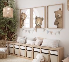 there are three pictures hanging on the wall in this living room with teddy bears and bunting