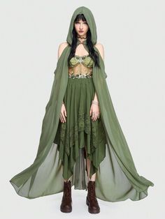 ROMWE Fairycore Women's Vintage Hooded Cape Coat, Forest Elf Queen Style | SHEIN USA Elf Dress Aesthetic, Fairycore Winter Outfits, Forest Fairy Outfit, Forest Aesthetic Outfit, Romwe Fairycore, Forest Outfit, Queen Cape, Druid Costume, Green Cloak