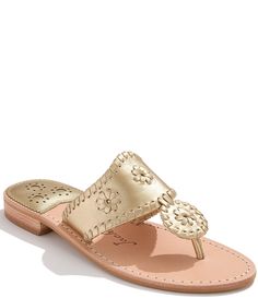 From Jack Rogers, the Jacks Leather Flat Thong Sandals feature:Leather upperRondelles and whipstitch detailsSlip onLeather liningSynthetic outsoleApprox. 0.59" stacked block heelImported. Summer Sandals Flat, Jack Rogers Sandals, Cute Flats, Gold Sandals, Jack Rogers, Cute Sandals, Shoe Inspo, Thong Sandals, Casual Sandals