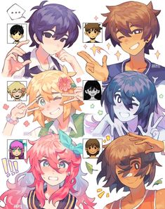 some anime characters with different expressions and hair styles, all in various poses on the same page