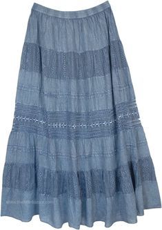 Stonewashed Mist Blue Maxi Boho Skirt - A unique looking skirt with stone wash effect - it has tiers and delicate crochet work to enhance the overall appeal of the skirt. It is made from Voile fabric which is soft to the touch with an elegant, lightweight drape making it airy and comfy for your skin. #tlb #CrochetClothing #Stonewash #Lace #XLPlus #Maxi Skirt #Solid Bohemian Tiered Skirt With Crochet Trim, Bohemian Flowy Skirt With Crochet Trim, Summer Blue Washed Skirt, Bohemian Blue Tiered Bottoms, Blue Bohemian Tiered Bottoms, Casual Tiered Bottoms With Lace Trim, Bohemian Long Denim Blue Skirt, Denim Blue Long Bohemian Skirt, Bohemian Denim Blue Skirt