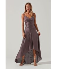 Size: Small (Runs Small) Bust: 31-33 In. Waist: 25 In. Details & Care With A Flattering Hi-Low Hem, This Maxi Bridesmaid Dress Features A Luxuriously Chic Satin Finish. Sweetheart Neckline Leads To A Ruched Bodice That Descends To A Maxi Skirt. Adjustable Shoulder Straps. Concealed Back Zip Closure. ***Style Runs Small, Size Up For Best Fit.*** Self: 95% Polyester 5% Elastane Lining 100% Polyester Dry Clean Only Zipper Closure Style#Adr101208 Chic Purple Dresses With Ruched Bodice, Chic Purple Dress With Ruched Bodice, Lavender Party Dress With Ruched Bodice, Elegant Lavender Ruched Dress, Purple Ruched Midi Dress For Date Night, Purple Ruched Maxi Dress For Evening, Dark Mauve Satin Dress, Satin Dark Mauve Bridesmaid Dress, Chic Purple Ruched Midi Dress