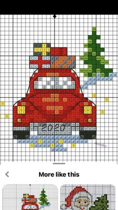 a cross stitch pattern with santa driving a red car