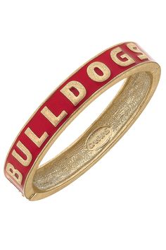 Add a splash of team spirit to your game day outfit with the Georgia Bulldogs Enamel Hinge Bangle in Red. It features an enamel material with worn gold plating and "Bulldogs" embossed around the bangle. Wear one, or build a stack with our other enamel bangle styles or Enamel Claudia bangle. Mha Dr, Peach Drinks, Dr Wardrobe, Candy Club, Candle Bar, Spring Scents, Game Day Outfit, Enamel Bangle, Fall Scents