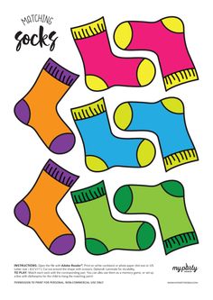 four pairs of socks with different colors on them