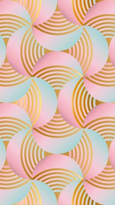 an abstract background with gold and pink circles in the shape of wavy lines on a light blue