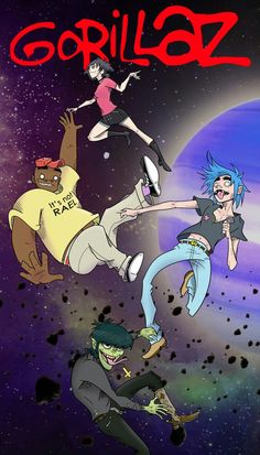 the cartoon gorillaz is flying through the air with their arms out in front of them