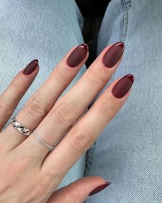 Matte Tip Nails Almond, Maroon Velvet Nails, Matte Cranberry Nails, Fall Matte Nails With Glossy Tips, Matte Red Nails With Shiny Tips, Matte Nail With Gloss Tip, Red Wine Matte Nails, Dark Matte Red Nails, Velvet Nails French Tip