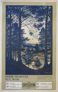 an old poster with trees and water in the background, reads home countries no 3 surry