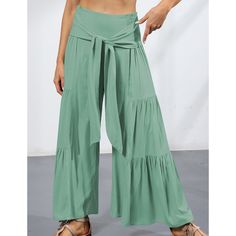 Green Smocked High Waist Palazzo Pants with Tie Bohemian Summer Bottoms In Solid Color, Bohemian Solid Color Summer Bottoms, High Waist Palazzo Pants, Palazzo Pants, Bottoms Pants, High Waist, High Waisted, Pants, Green