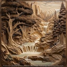 an intricate carved wood panel depicting a waterfall and trees