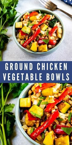 two bowls filled with ground chicken and vegetables