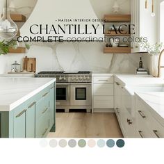 an image of a kitchen with white countertops and blue cabinets in the center, along with text that reads chafinly lace complete cooking colors