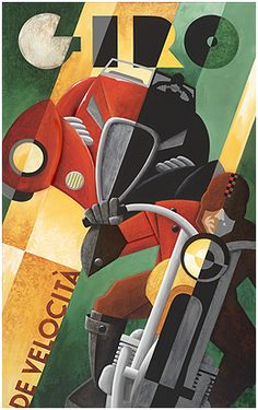 a painting of a man riding a motorcycle on a road next to a red car