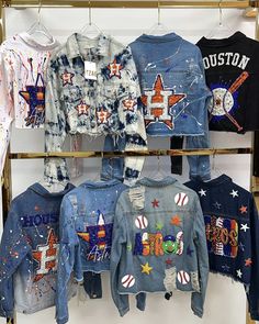 Decorate Jean Jacket Diy, Baseball Mom Jean Jacket, Baseball Jean Jacket Diy, Custom Sports Jean Jackets, Astros Outfit Woman, Houston Astros Outfit Woman, Diy Sports Team Denim Jacket, Painted Football Jean Jacket, Astros Jean Jacket